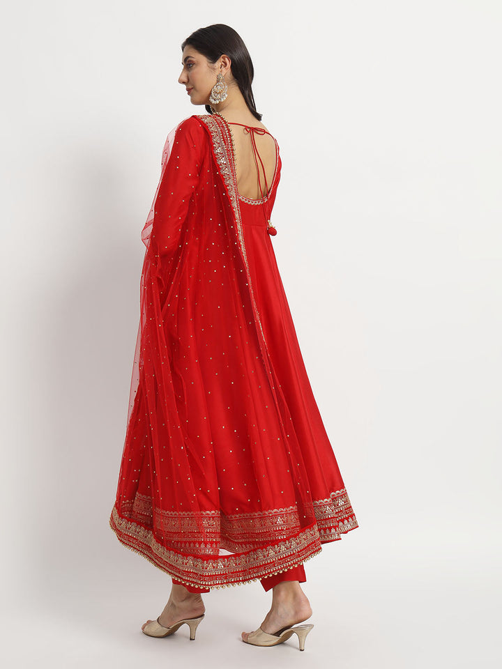 anokherang Combos Bridal Saubhaugyavati Red Silk Anarkali with Net Stone Dupatta