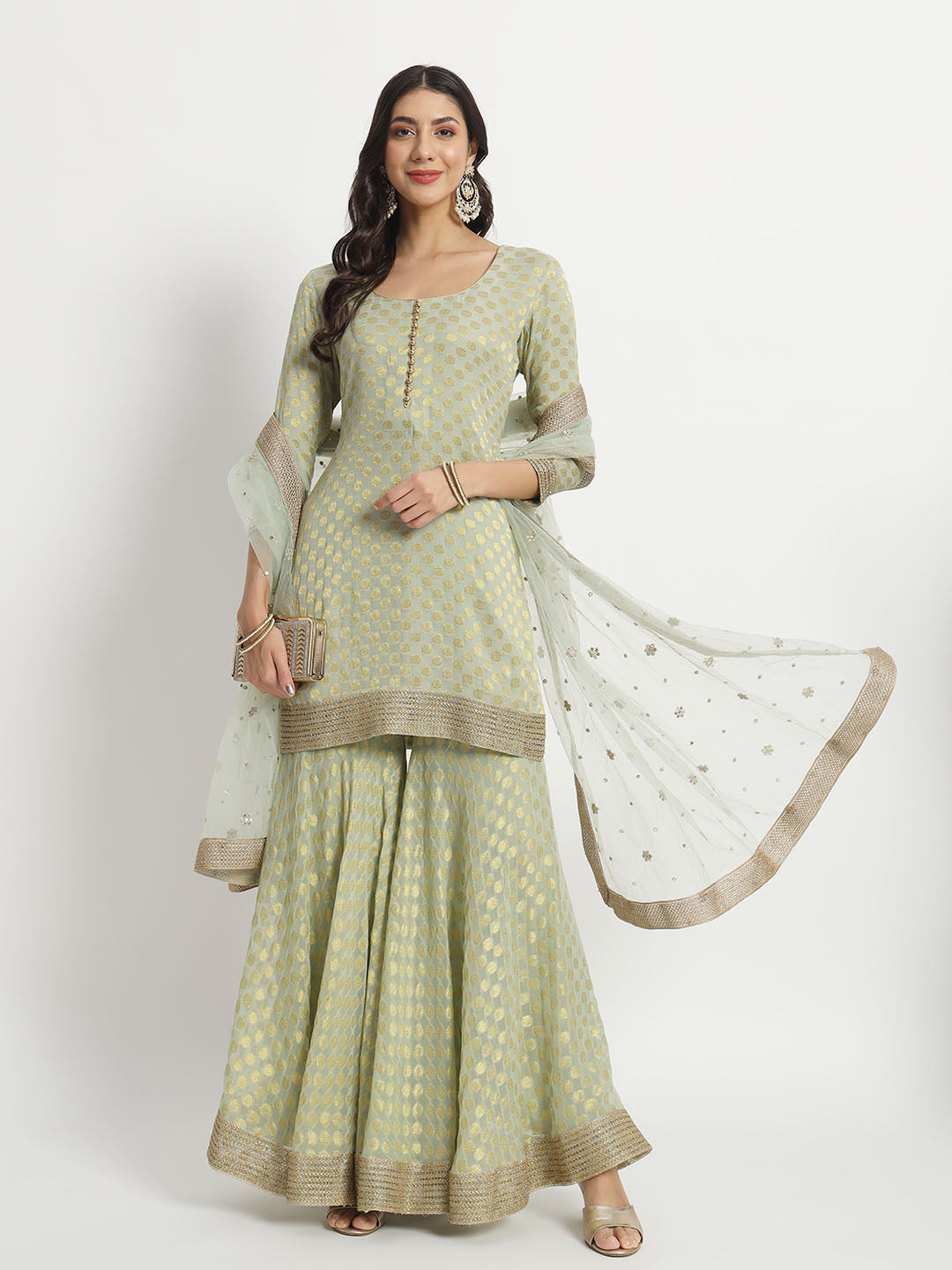 Sharara Plazo Kurti Wedding Dusty Charm Green Short Kurti With