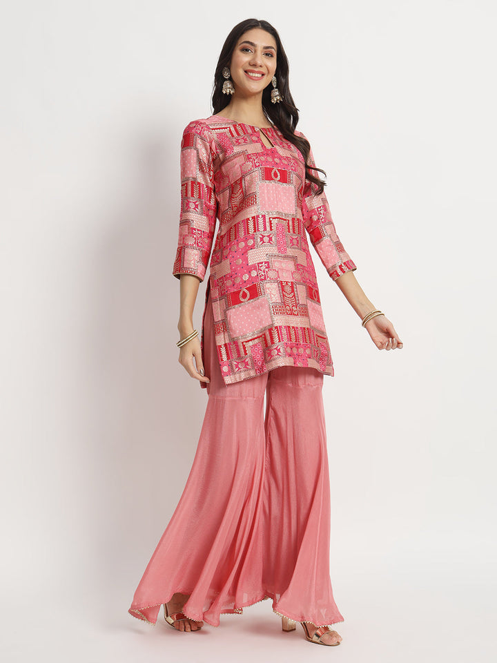 anokherang Combos Fusion Pink Silk Brocade Kurti With Chiffon Sharara And Net Sequin Dupatta