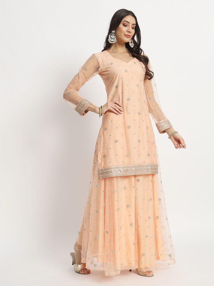 anokherang Combos Peach Dream Net Embroidered Kurti With Palazzo And Net Sequin Dupatta
