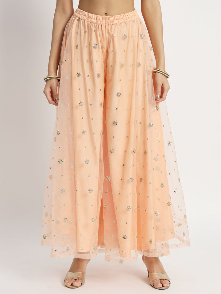 anokherang Combos Peach Dream Net Embroidered Kurti With Palazzo And Net Sequin Dupatta