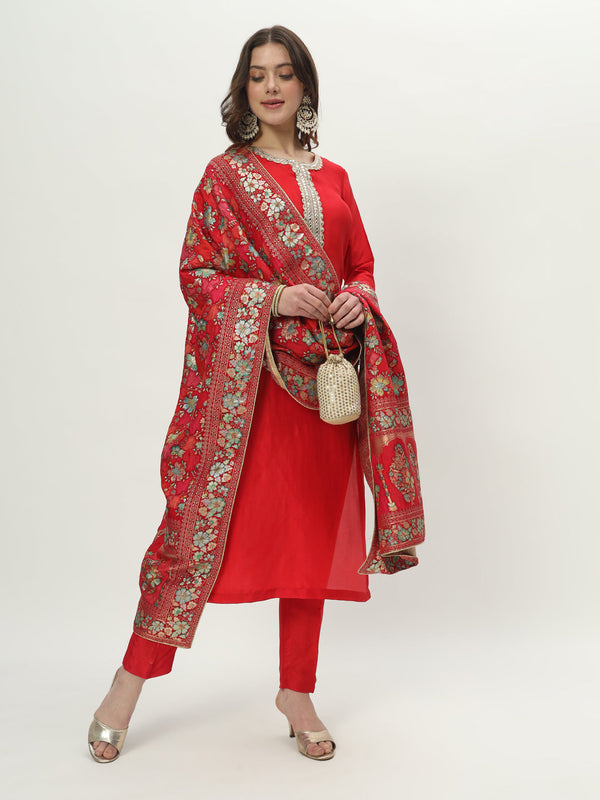 anokherang Combos Refined Red Silk Kurti with Pants and Floral Zari Silk Dupatta