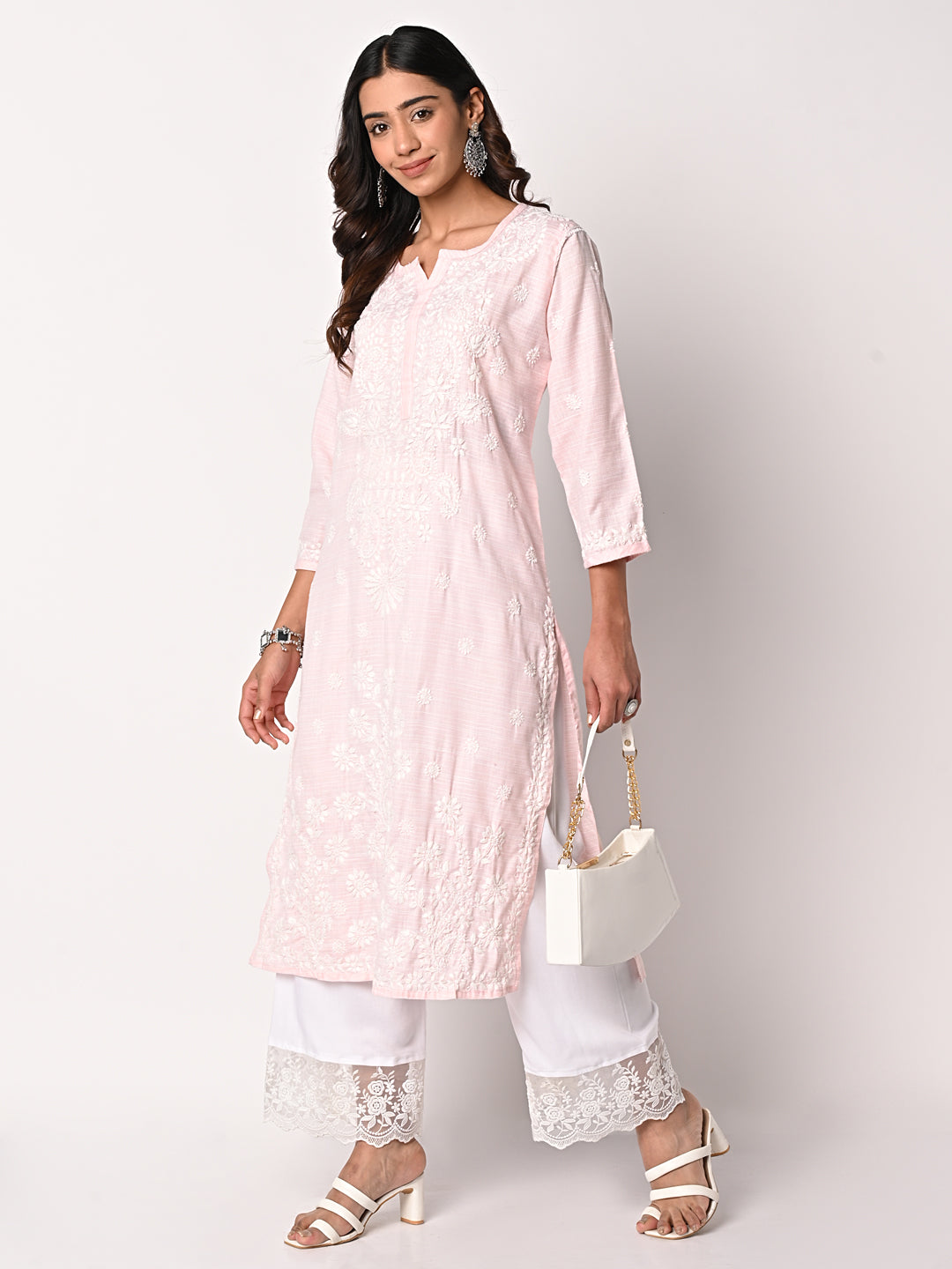 Cotton Chikankari Linen kurti- Pink