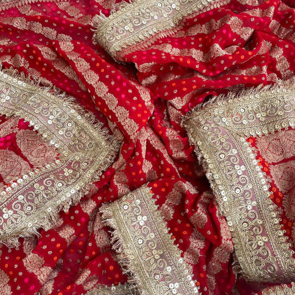 anokherang Dupattas Bridal Red Regal Georgette Bandhani Embroidered Fringed Dupatta