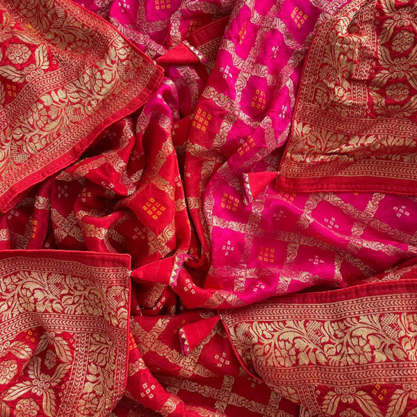anokherang Dupattas Red Pink Festive Banarasi Bandhej Dupatta