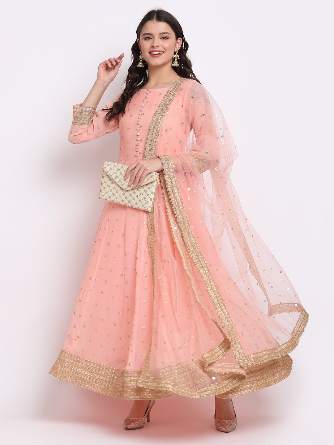 Absolut Peach Anarkali with Leggings and Net Sequenced Dupatta