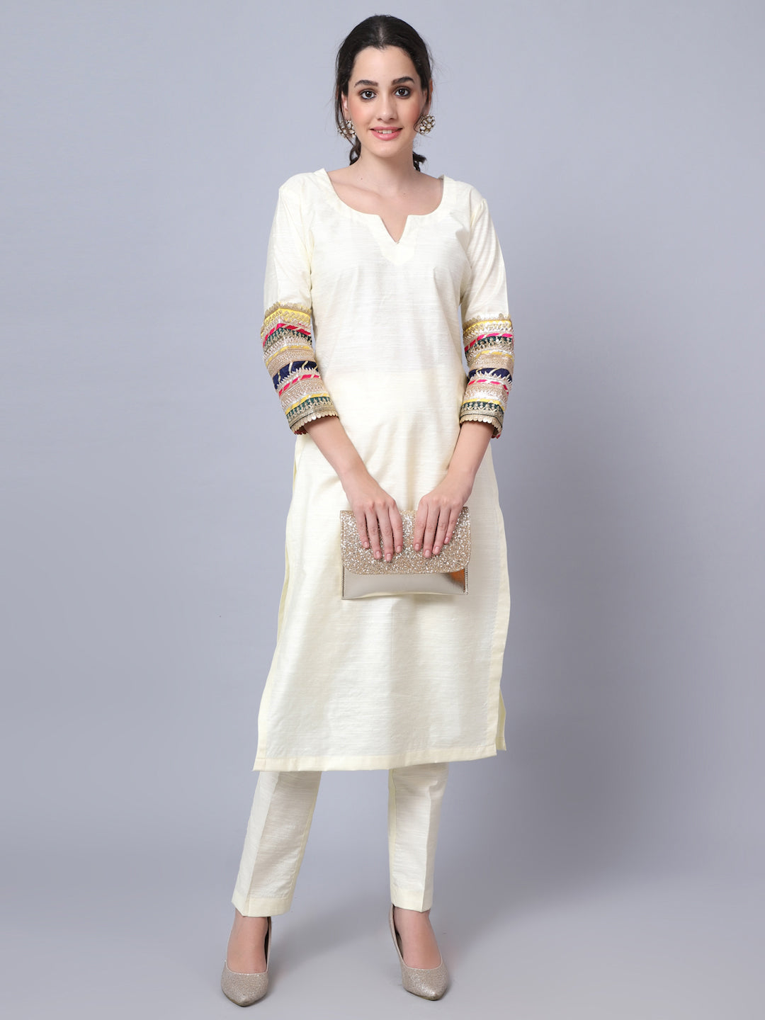 Classic Off-White Embroidered Kurti with Straight Pants – anokherang