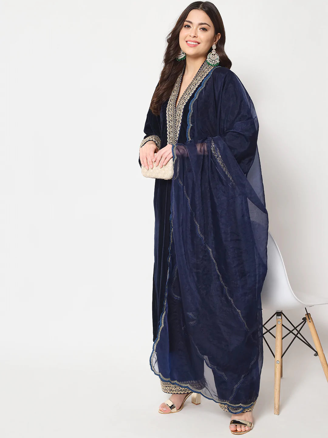 Glamour Blue Shawl Collar Kurti with Straight Pants and Dupatta