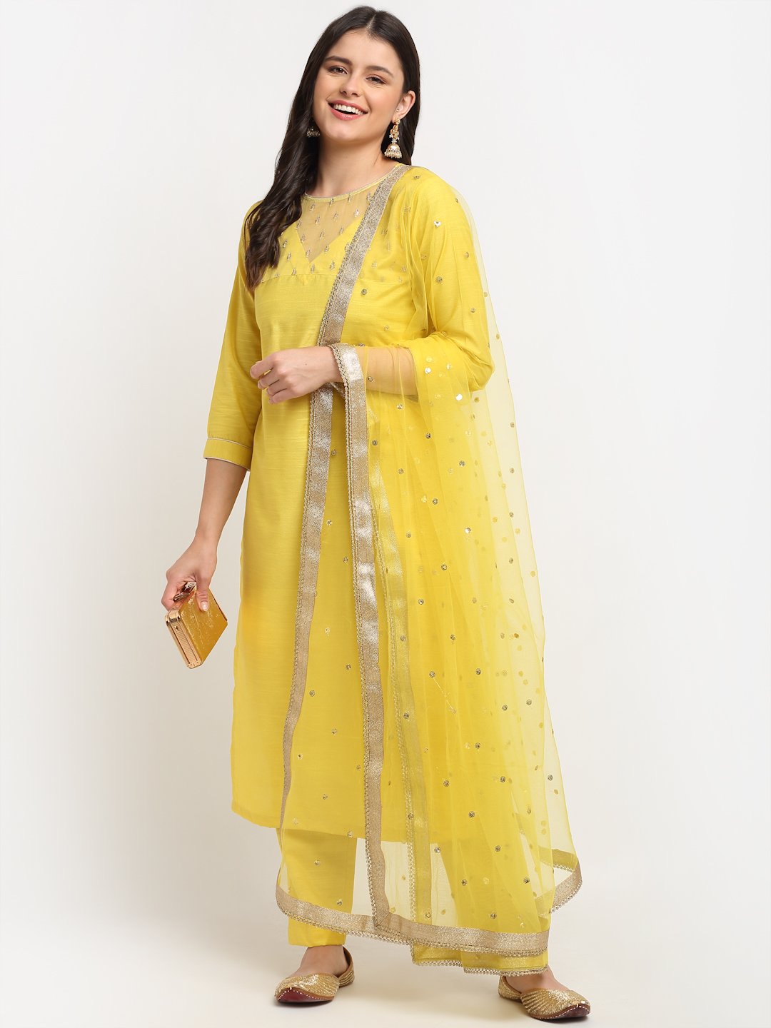 Glowing Yellow Sequinned Yoke Straight Kurti with Pants and Sequin