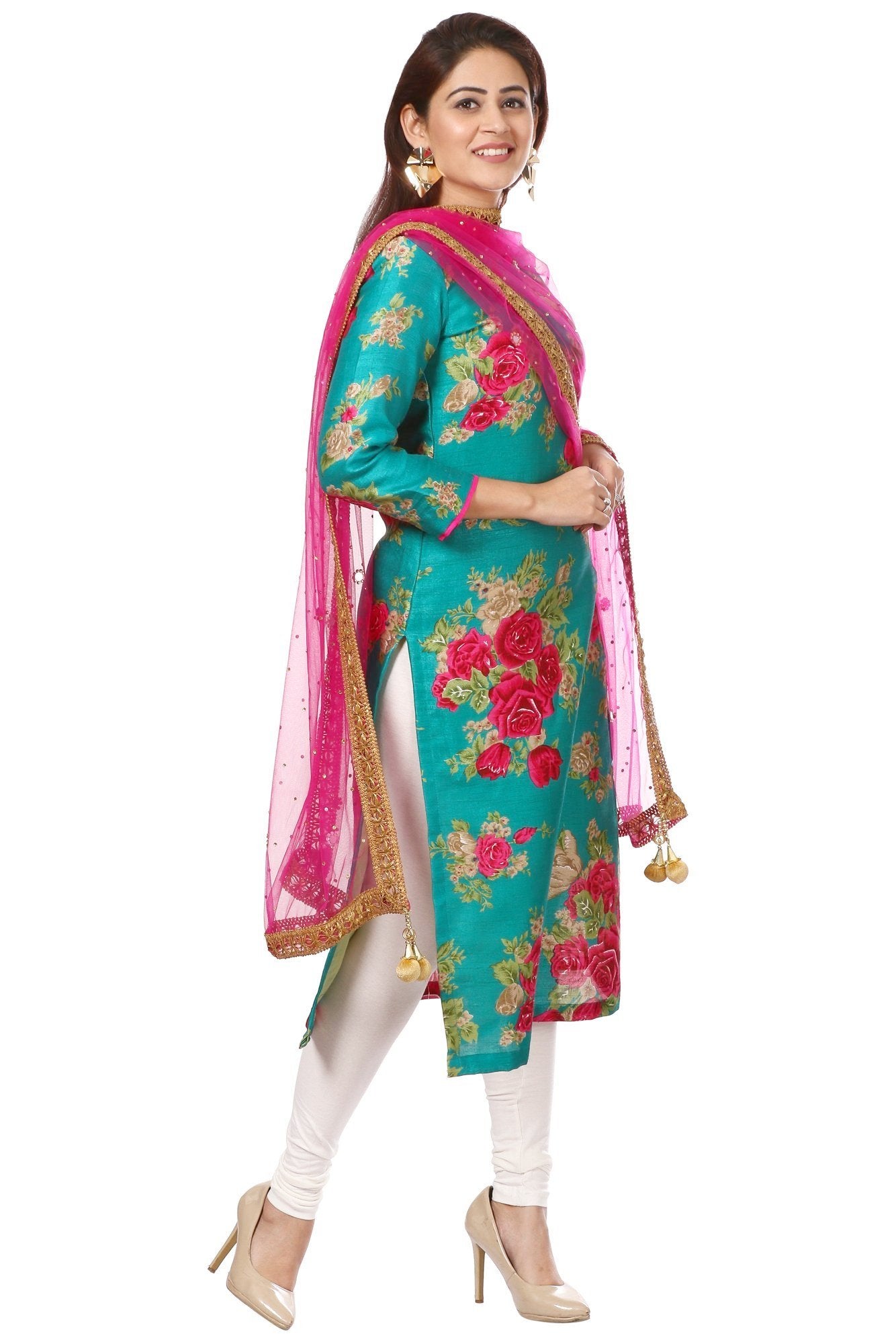 Sea Green Magenta Floral Silk Kurti with Leggings and Hot Carrot Pink  Mirror Dupatta