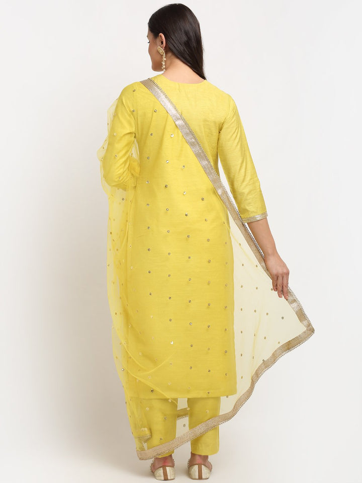 anokherang Combos Lime Yellow Gotta Embroidered Kurti with Pants and Net Sequins Dupatta