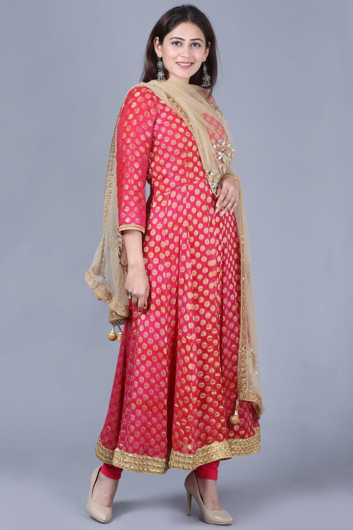 anokherang Combos Pink Red Georgette Banarsi Anarkali with Leggings and Gold Mirror Paisley Net Dupatta