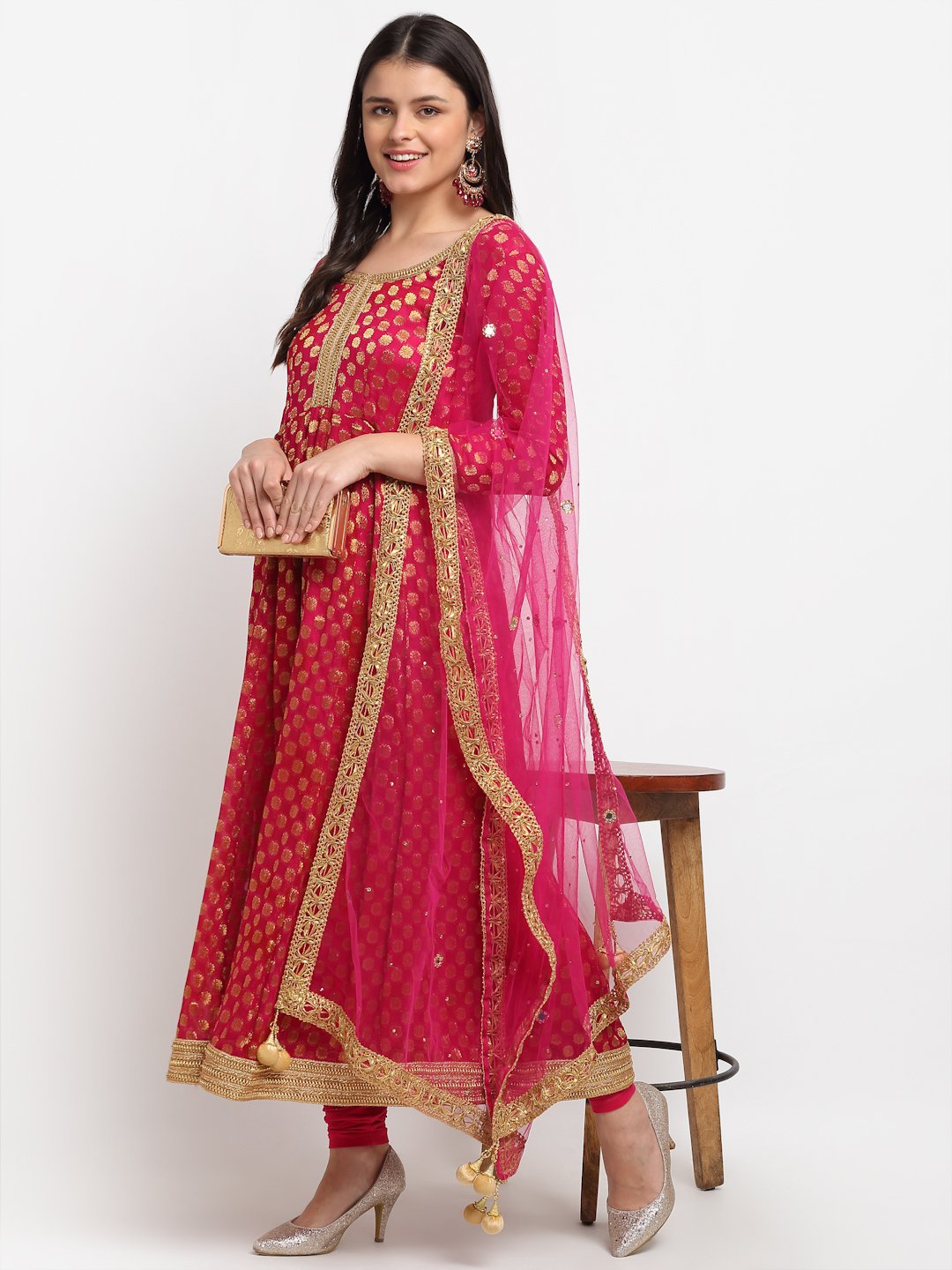 Pink Red Georgette Anarkali with Leggings and Pink Mirror Stone Net Dupatta