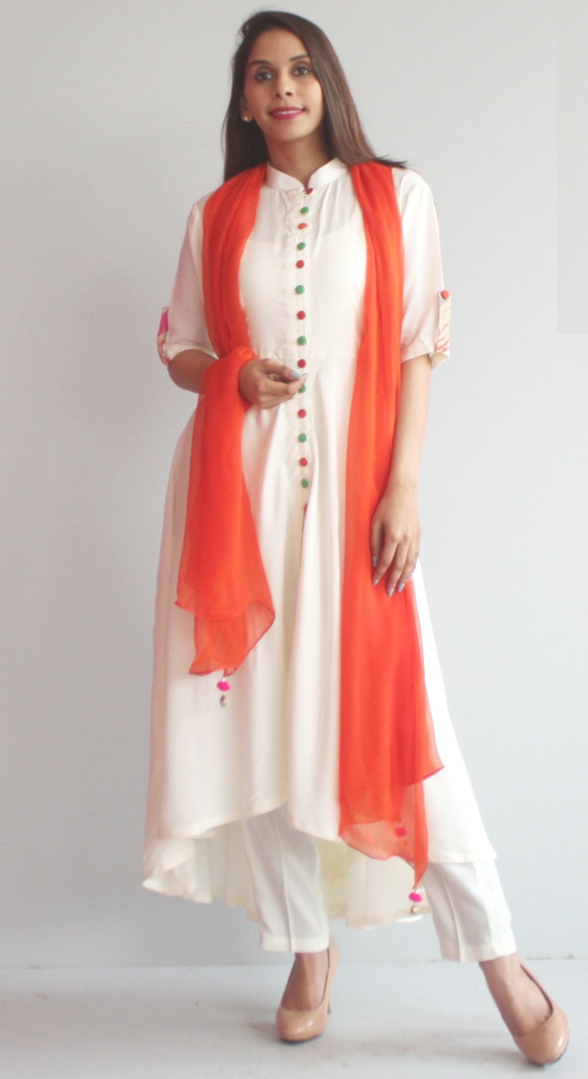 Free Spirit Uneven Off White Kurti with Pants and Orange Chiffon Dupat anokherang