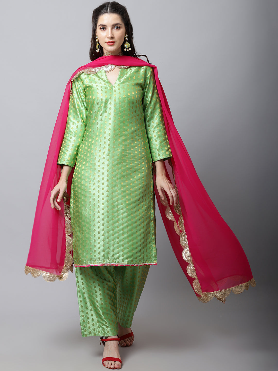 Sahiba Green Brocade Kurti With Straight Palazzo And Magenta Georgette anokherang Sahiba Green Brocade Kurti With Straight Palazzo And Magenta Georgette anokherang