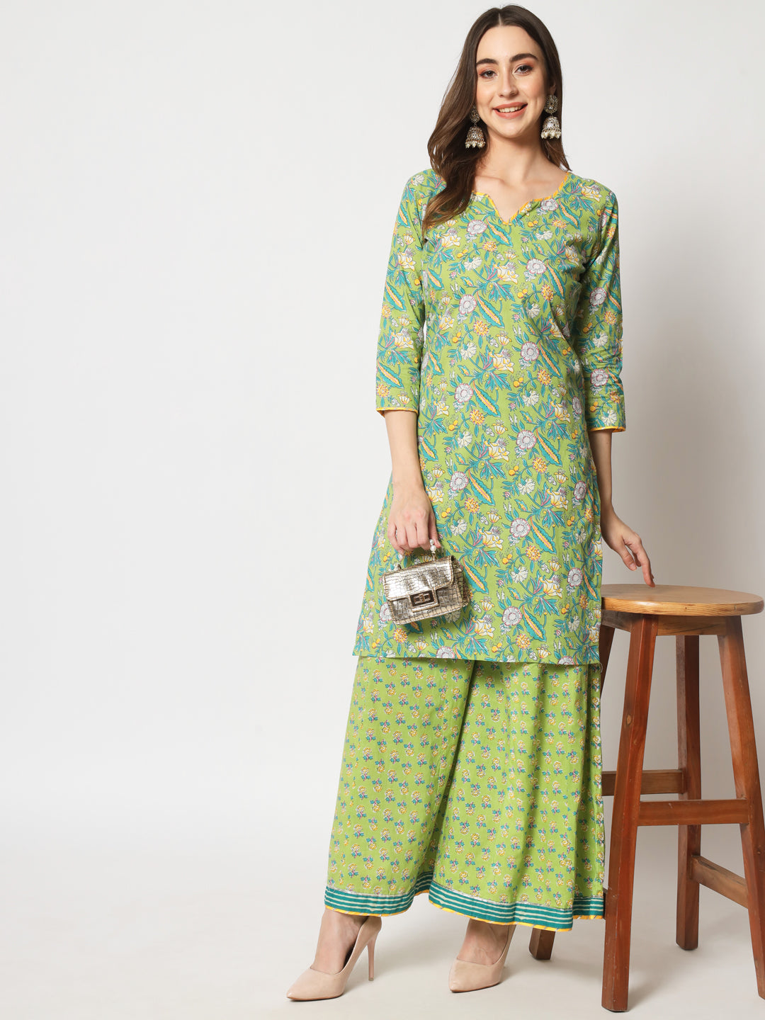 Vibrant Green Short Kurti With Kalidar Palazzo