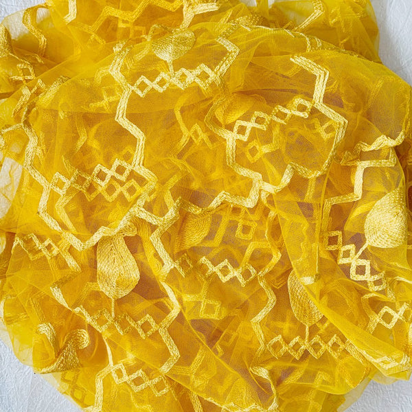 anokherang Dupattas Amber Yellow Zig-Zag Embroidered Net Dupatta