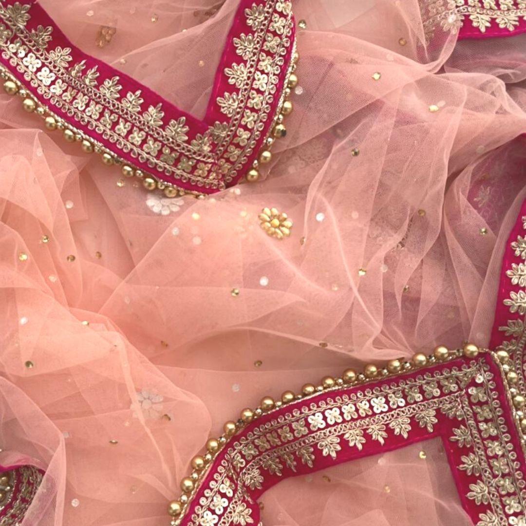 Bridal Peach Stone Velvet Embroidered Net Dupatta – anokherang