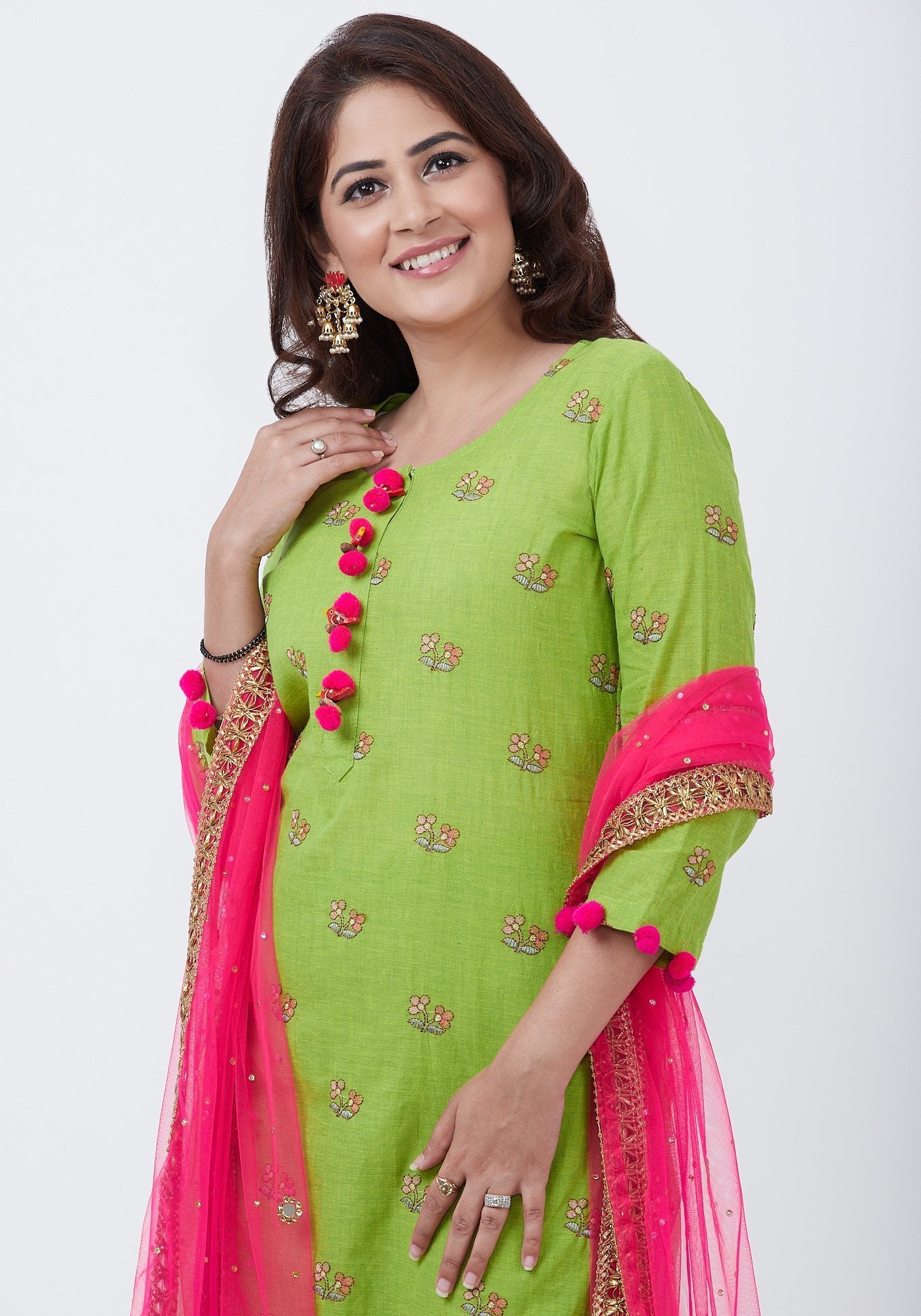 Parrot Green Cotton Embroidered Kurti with Pink Net Dupatta anokherang Parrot Green Cotton Embroidered Kurti with Pink Net Dupatta anokherang