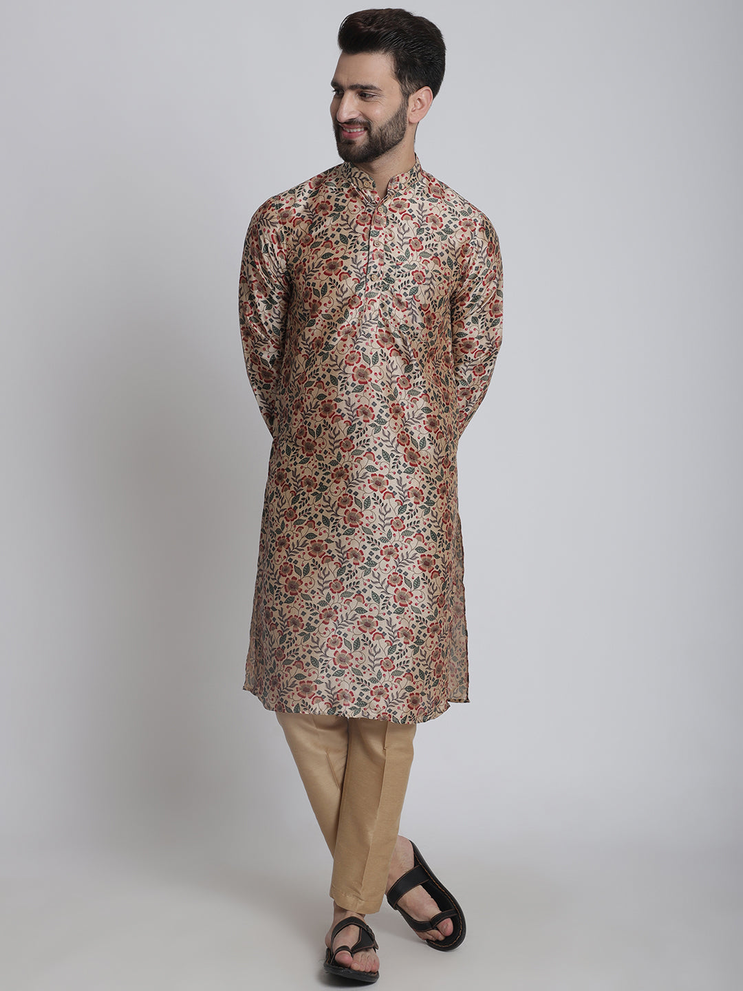 Beige Floral Printed Silk Men Kurta Pajama