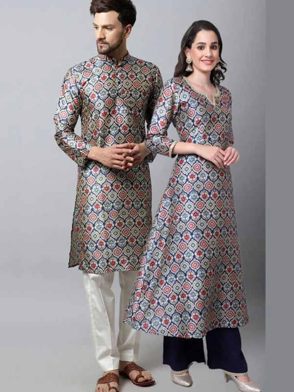 anokherang Salwar Suit Couple Matching Dress Breezy Blue Moroccan Printed Kurti with Palazzo and Navy Blue Silk Men Kurta Pajama Couple Matching Dress