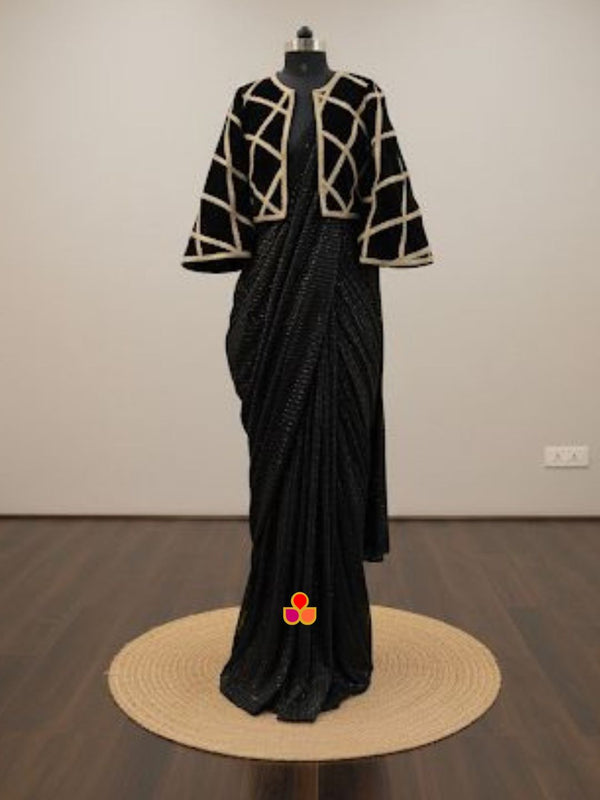 Black Sequin Net Saree with Velvet Jacket