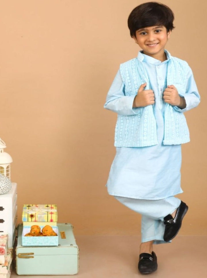 anokherang Boys Kurta Blue Kurta Pajama with Embroidered Jacket