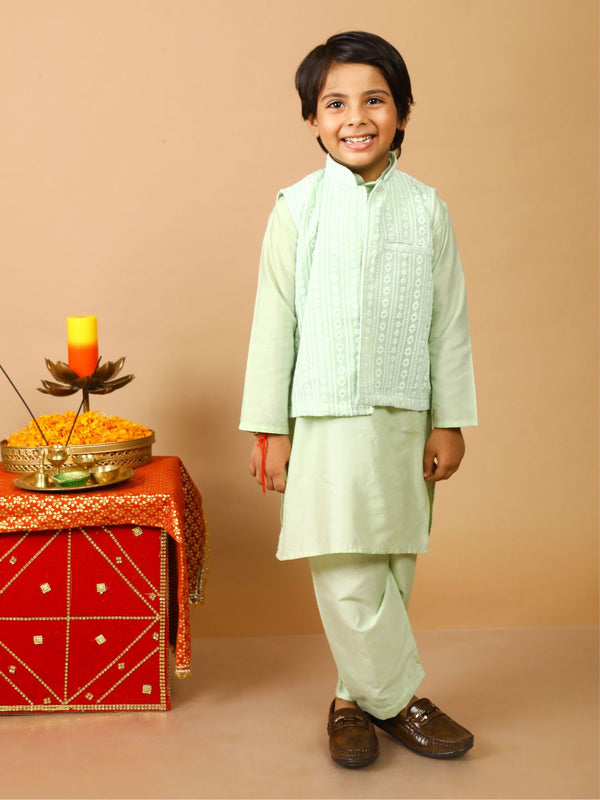 anokherang Boys Kurta Fresh Green Silk Kurta Pajama with Embroidered Jacket