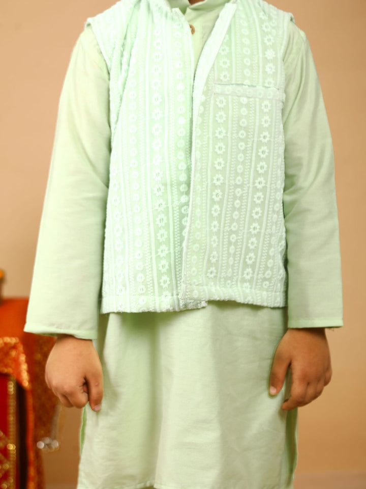 anokherang Boys Kurta Fresh Green Silk Kurta Pajama with Embroidered Jacket