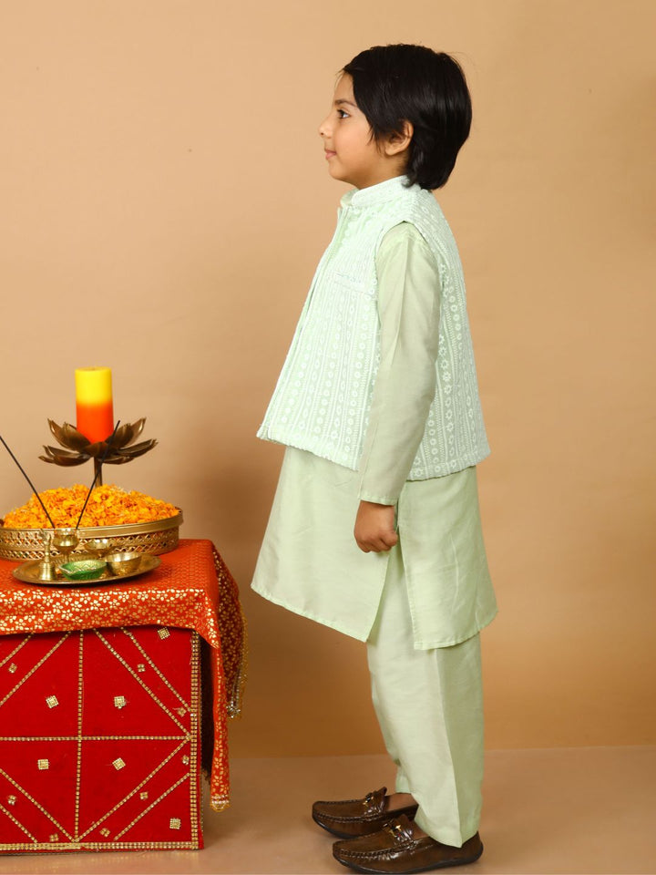 anokherang Boys Kurta Fresh Green Silk Kurta Pajama with Embroidered Jacket