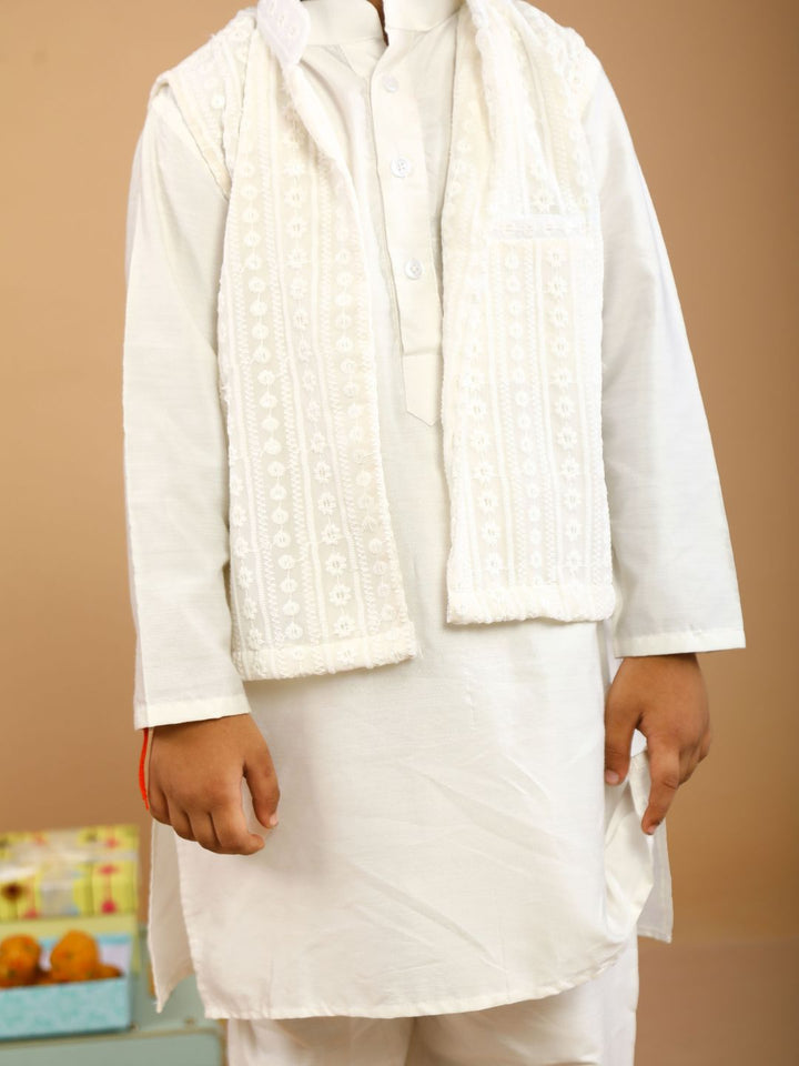 anokherang Boys Kurta Ivory Silk Kurta Pajama with Embroidered Jacket