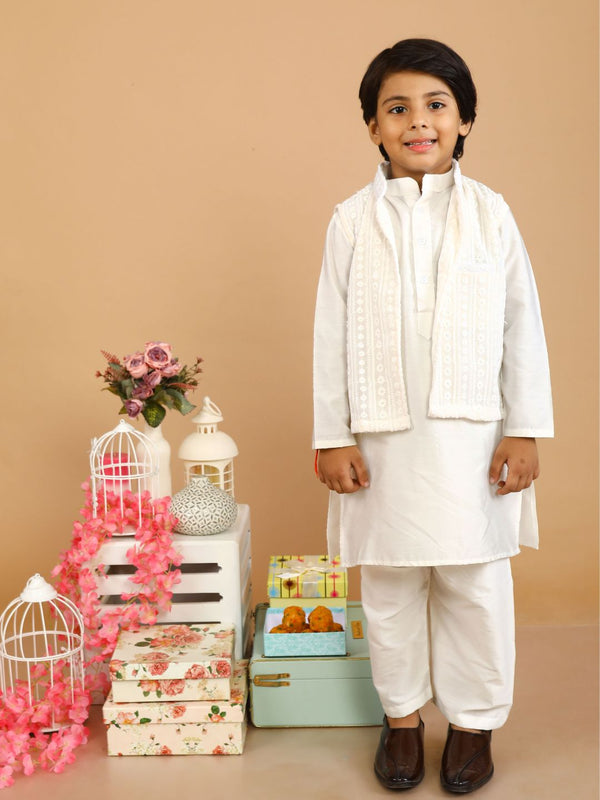 anokherang Boys Kurta Ivory Silk Kurta Pajama with Embroidered Jacket