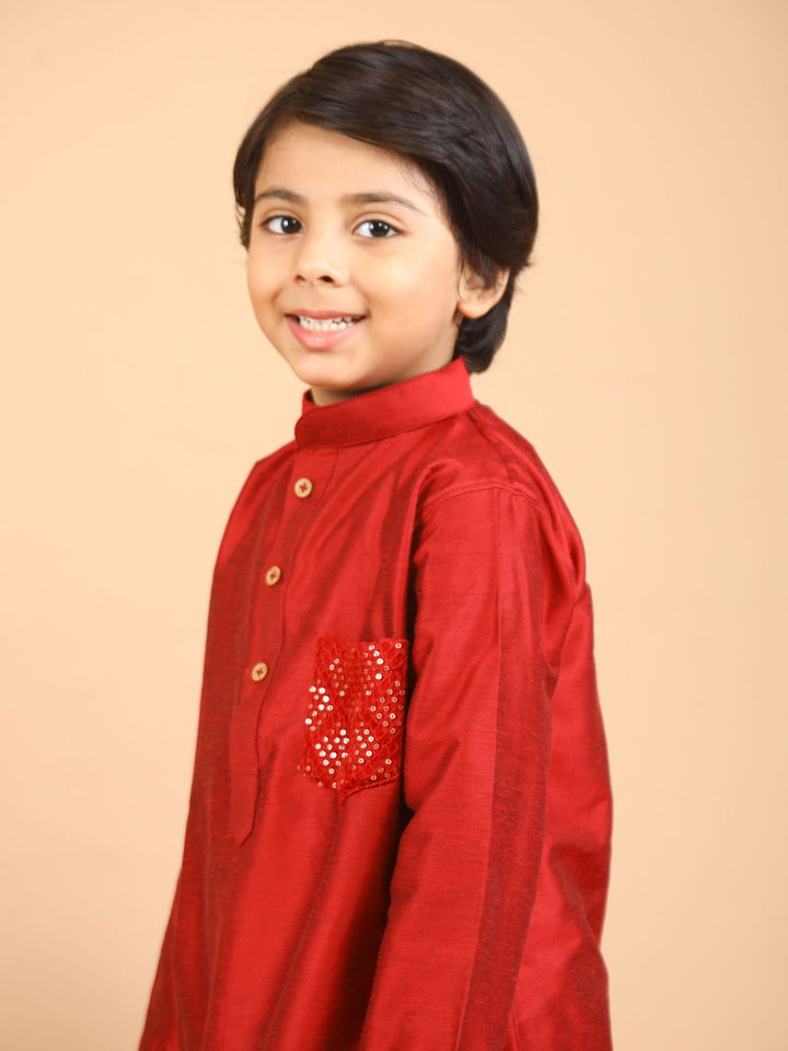 anokherang Boys Kurta Maroon Embroidered Pocket Silk Kurta Pajama