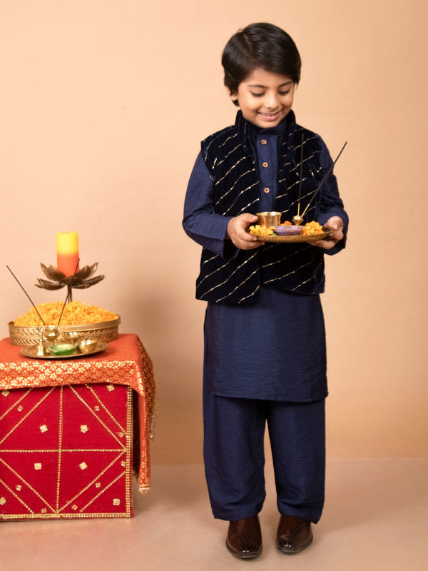 anokherang Boys Kurta Navy Blue Silk Kurta Pajama with Embroidered Velvet Jacket