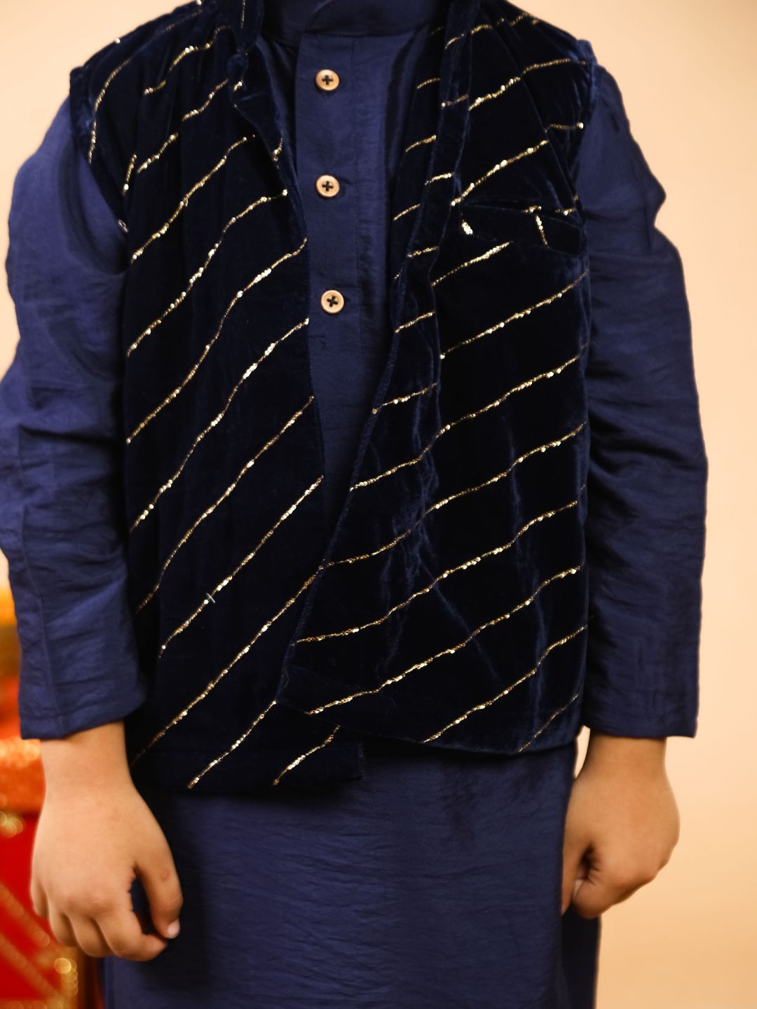 Babyhug Full Sleeves Kurta Pajama Set with Embroidered Jacket - Navy Blue