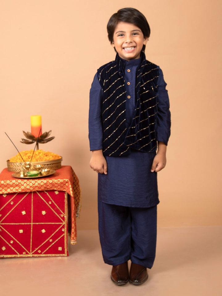 anokherang Boys Kurta Navy Blue Silk Kurta Pajama with Embroidered Velvet Jacket