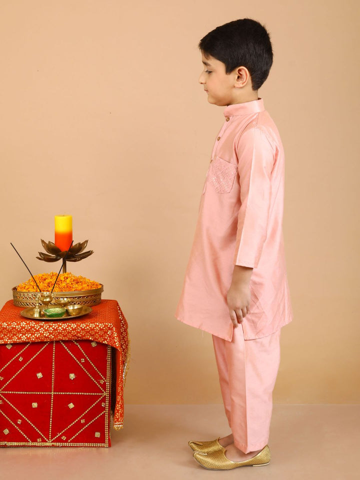 anokherang Boys Kurta Peach Embroidered Pocket Silk Kurta Pajama