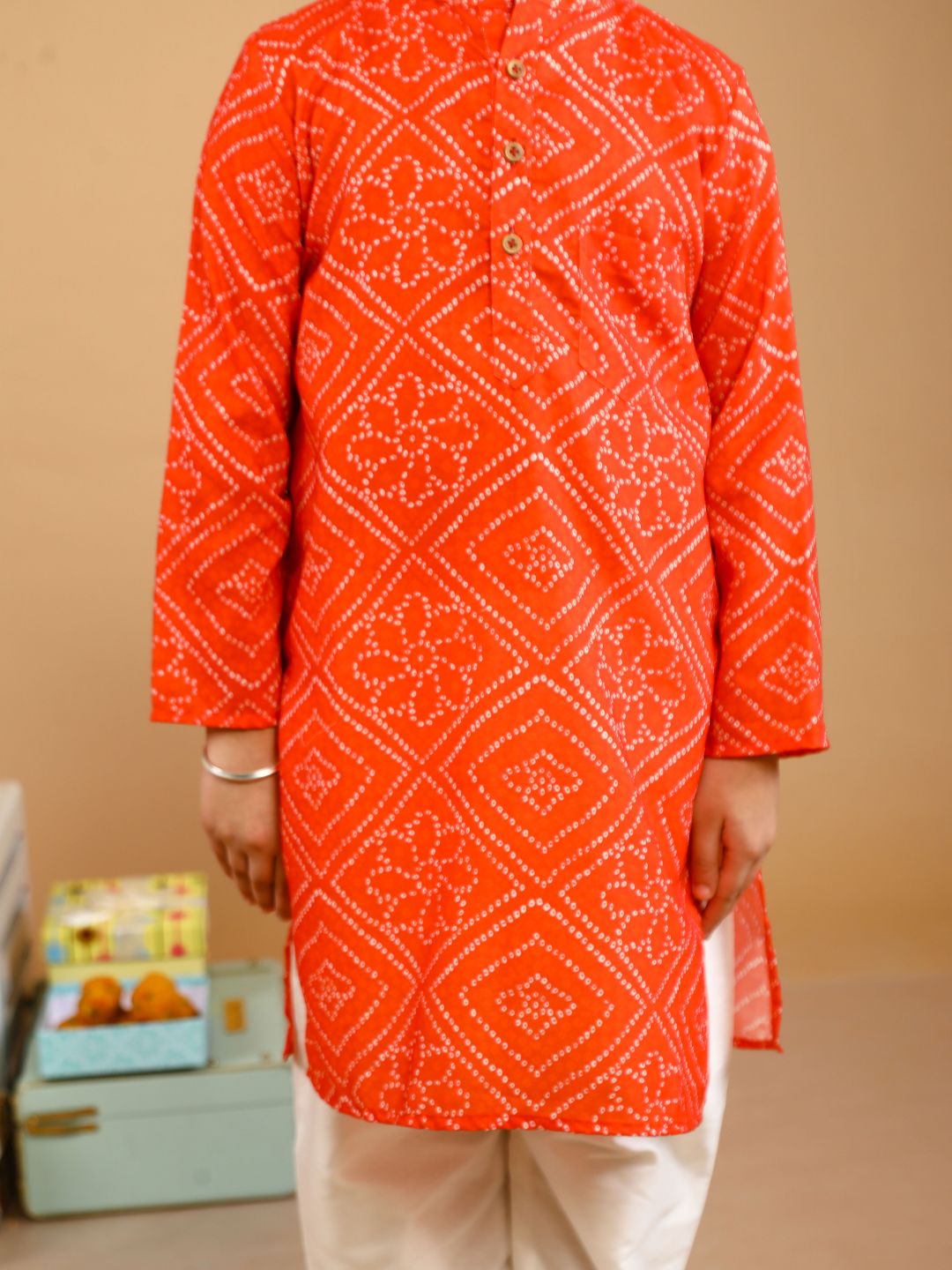 Boys Yellow Bandhani Angrakha Pure Cotton Kurta With Patiala