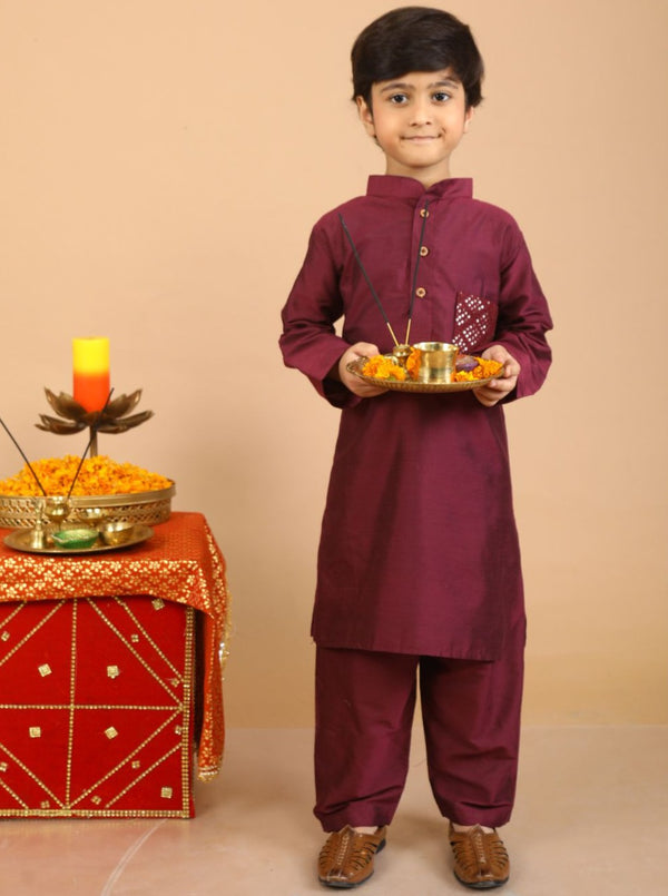 anokherang Boys Kurta Wine Embroidered Kurta with Pajama for Boys