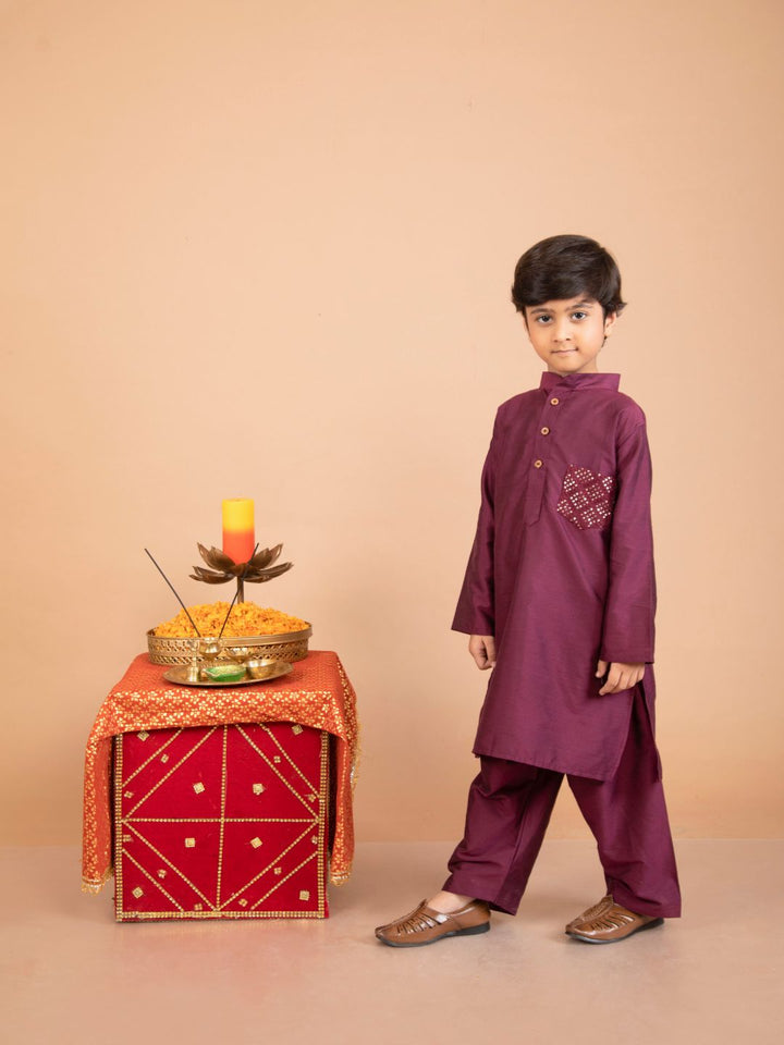 anokherang Boys Kurta Wine Embroidered Pocket Kurta with Pants