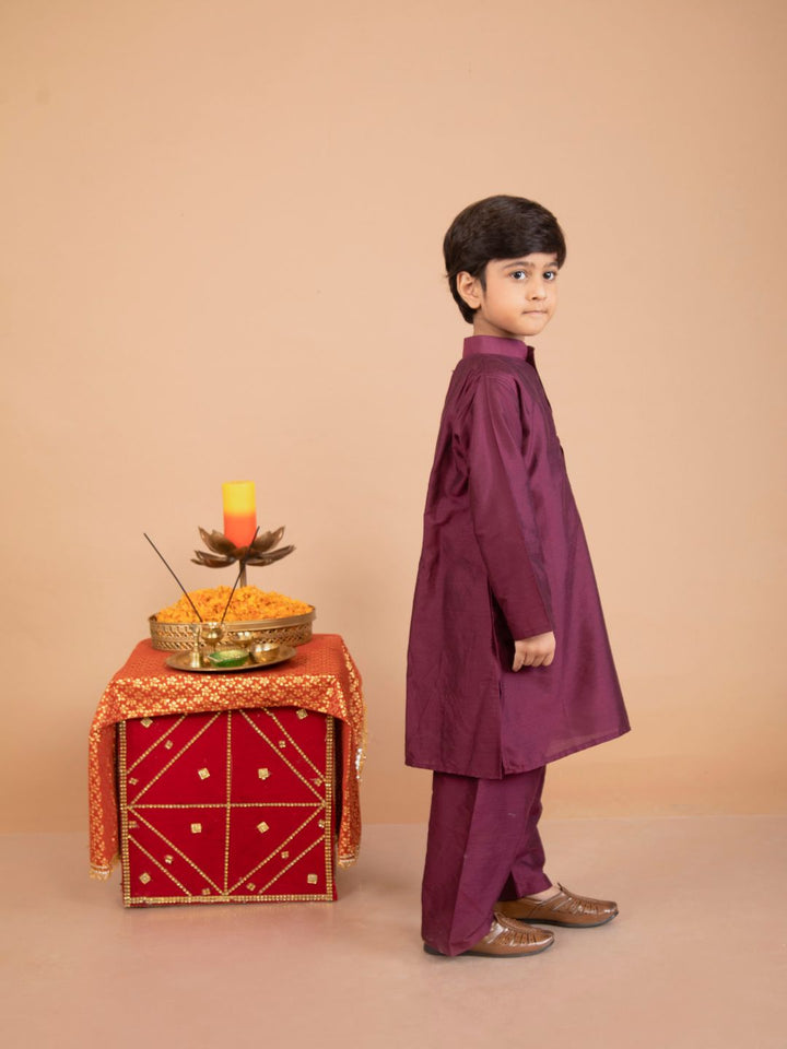 anokherang Boys Kurta Wine Embroidered Pocket Kurta with Pants