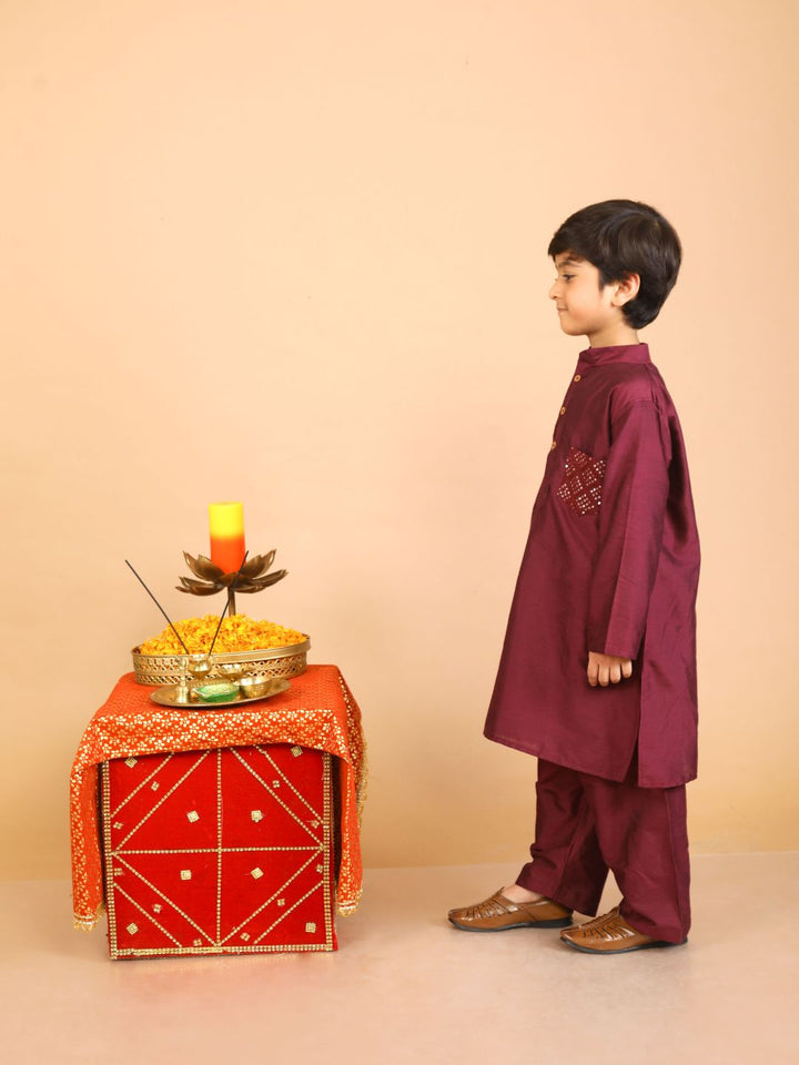 anokherang Boys Kurta Wine Embroidered Pocket Kurta with Pants