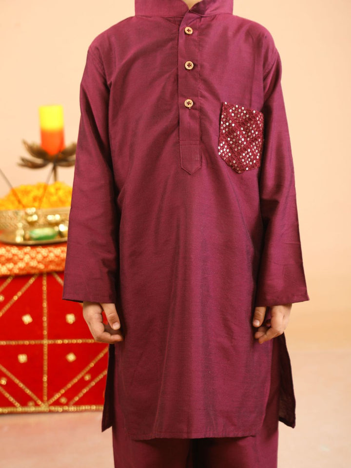 anokherang Boys Kurta Wine Embroidered Pocket Kurta with Pants