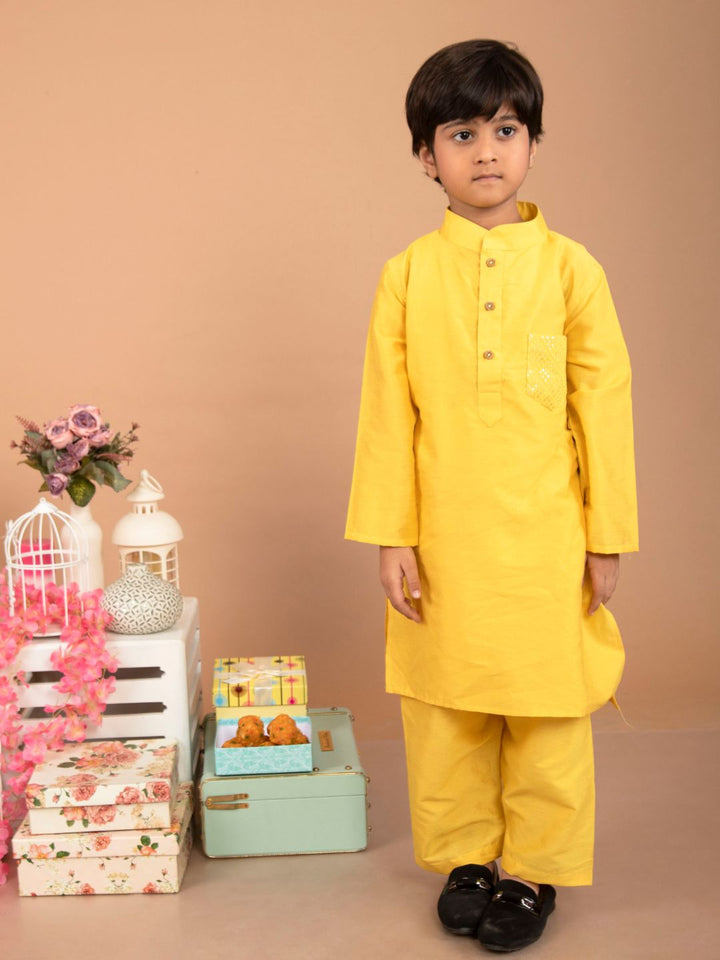 anokherang Boys Kurta Yellow Embroidered Pocket Silk Kurta Pajama
