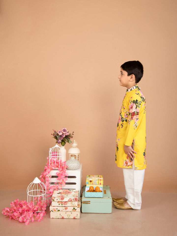 anokherang Boys Kurta Yellow Floral Boy Kurta Pajama For Boys