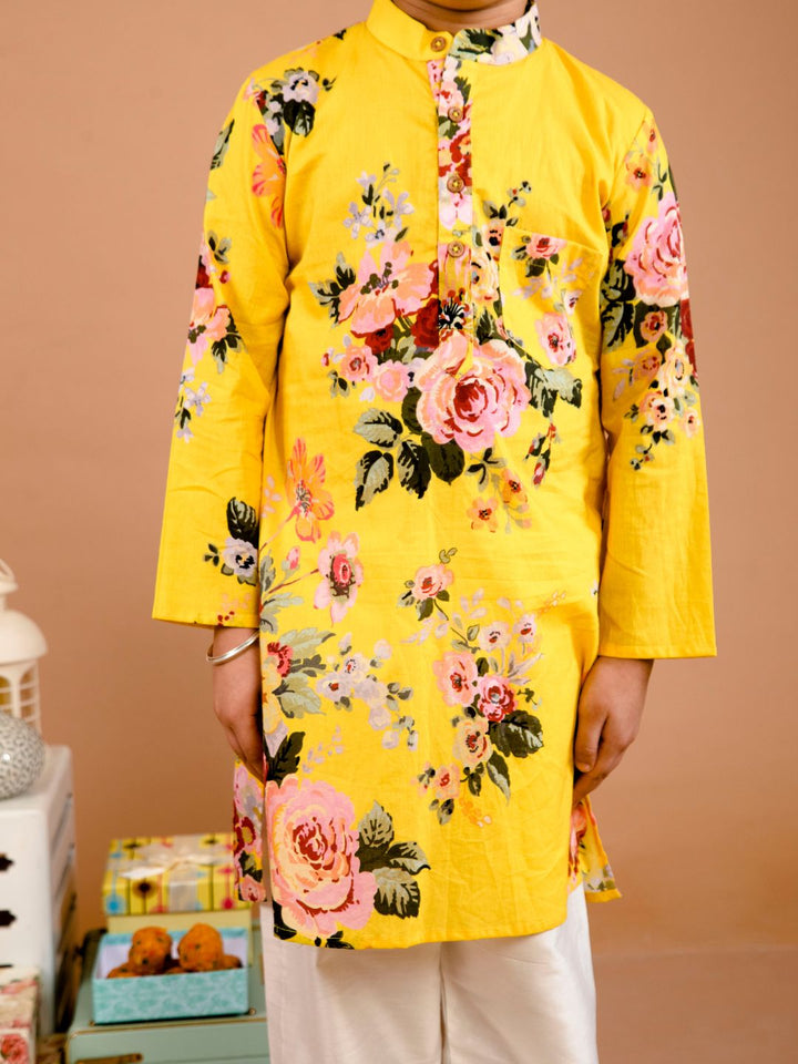 anokherang Boys Kurta Yellow Floral Boy Kurta Pajama For Boys