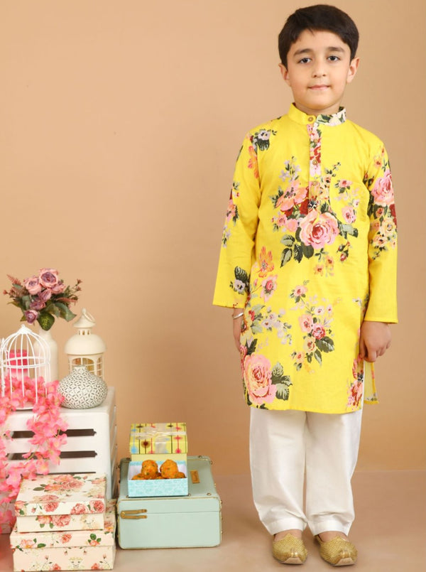 anokherang Boys Kurta Yellow Floral Boy Kurta Pajama For Boys