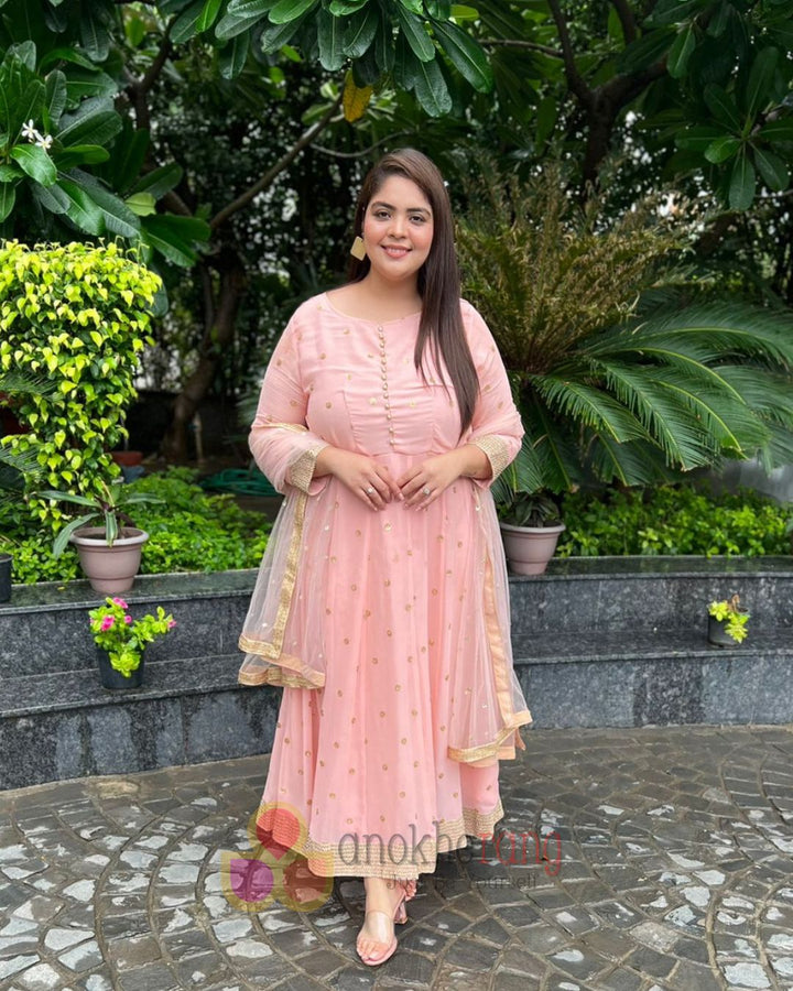 anokherang Combos Absolut Peach Anarkali with Leggings and Net Sequenced Dupatta