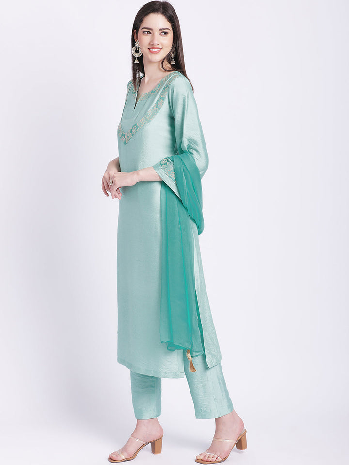 anokherang Combos Aqua Green Banarsi Kurti with Straight Pants