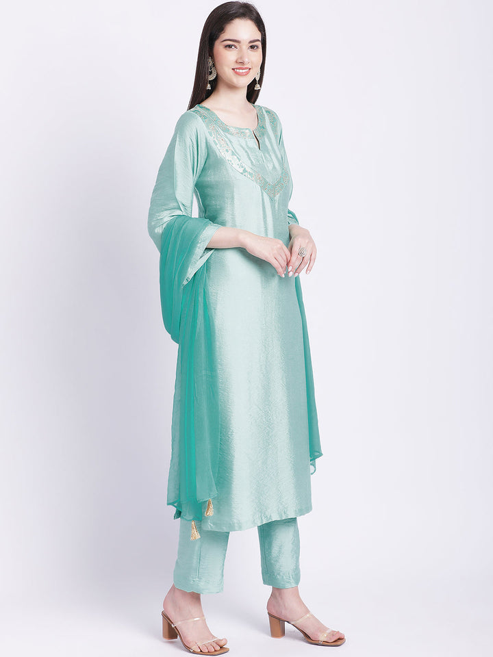 anokherang Combos Aqua Green Banarsi Kurti with Straight Pants